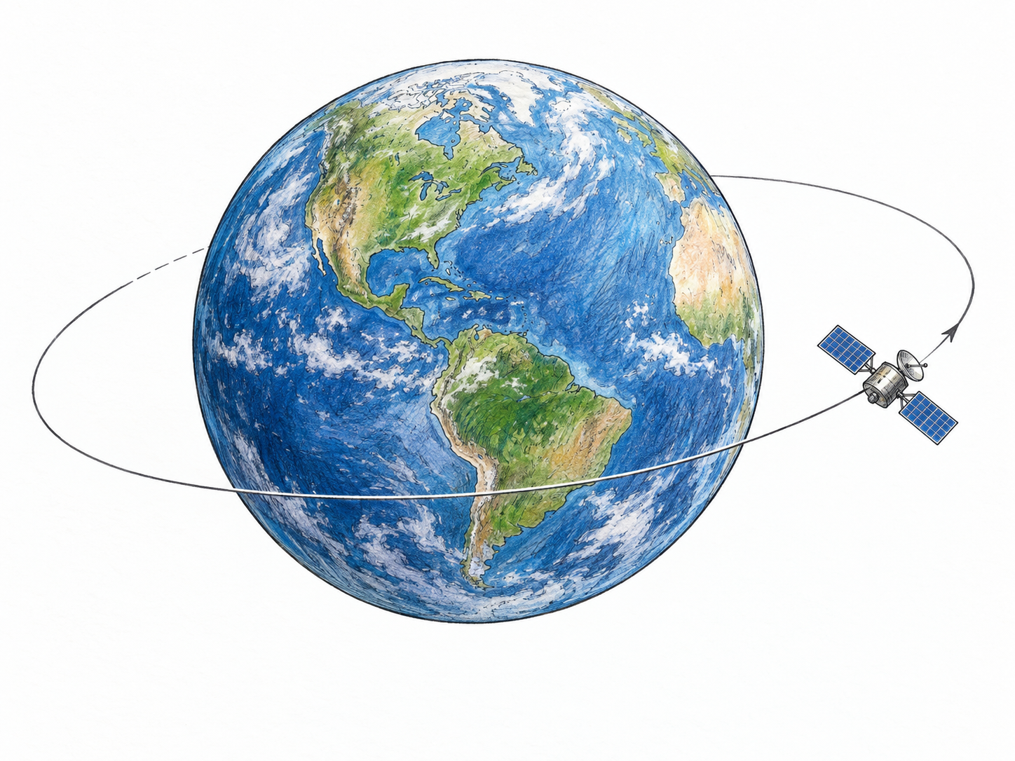 A small artificial satellite with solar panels follows a clearly drawn orbital path around a much larger Earth.