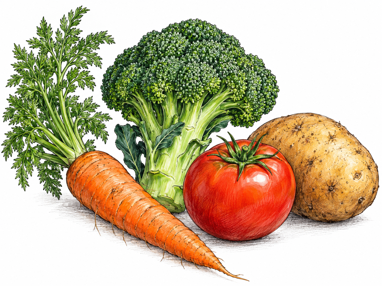 A small assortment of familiar edible plant parts: carrot with leaves, broccoli head, tomato and potato, clearly botanical food textures; no basket labels or excessive still-life props.