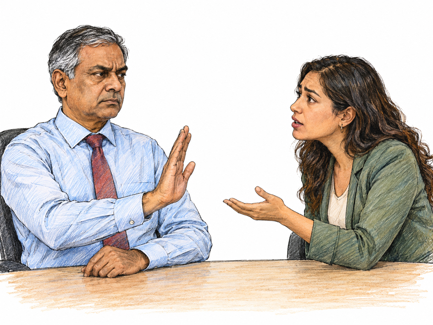An older supervisor maintains a firm, unsmiling expression and a restrained palm-out refusal while a younger colleague makes a gentle appeal across a nearly bare desk.