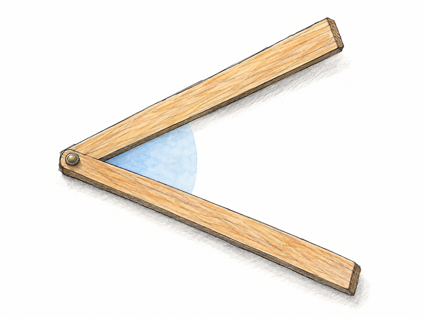Two straight narrow wooden slats joined at a single pivot form an open V on a white tabletop.