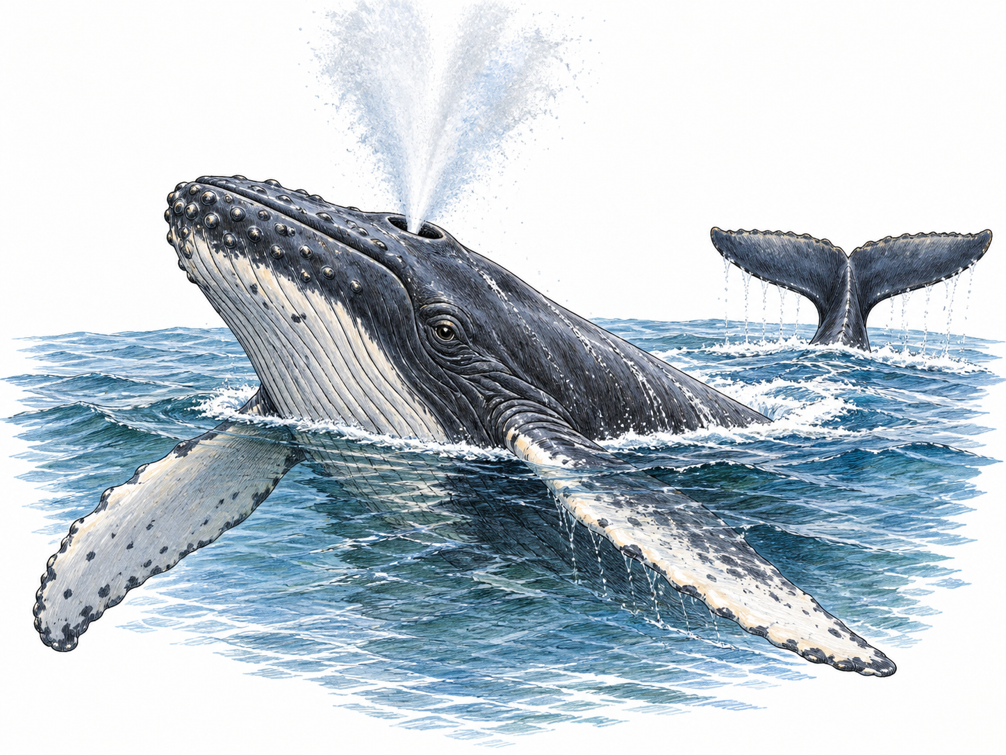 A humpback whale surfaces with paired blowholes, long pectoral fins and horizontal tail flukes; small water vignette and visible breathing spout, no fish gills.