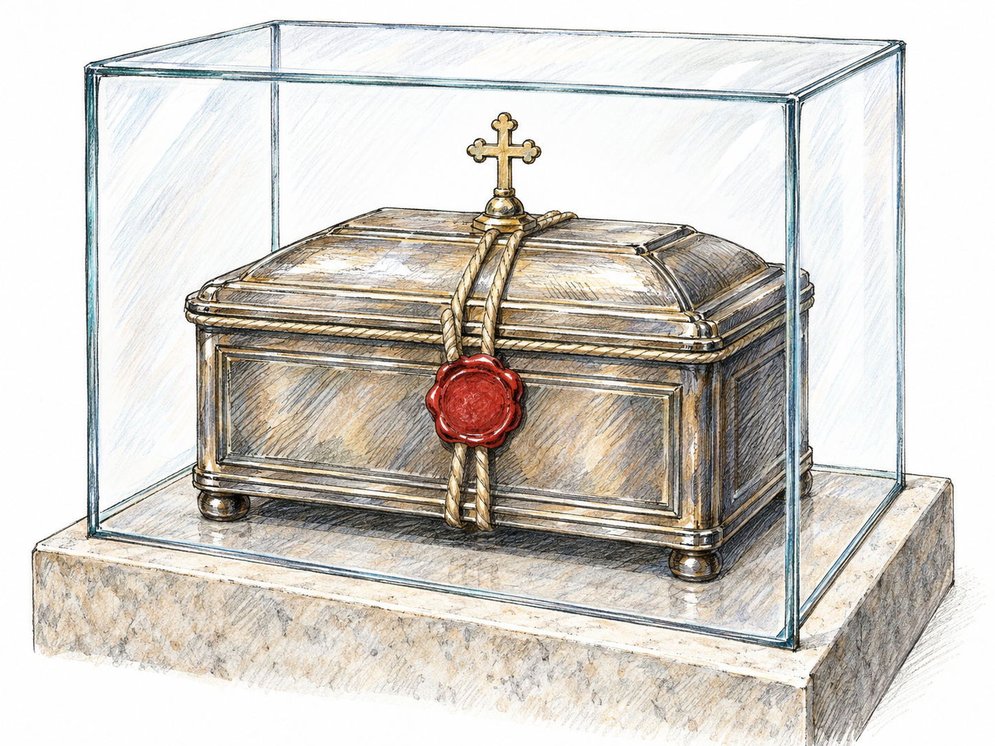 An untouched sacred reliquary: a small cross-topped casket stands behind a protective glass cover, its lid still secured by an unbroken cord and wax seal.