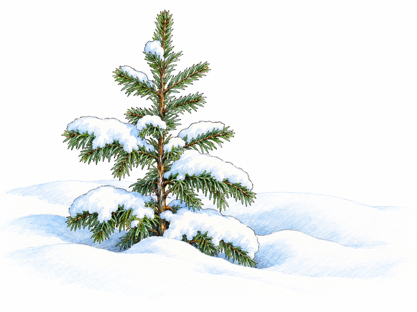 An untouched patch of fresh snow surrounds a small evergreen sapling: smooth, immaculate snow with no tracks, debris, or disturbed areas conveys a fresh, unspoiled state.