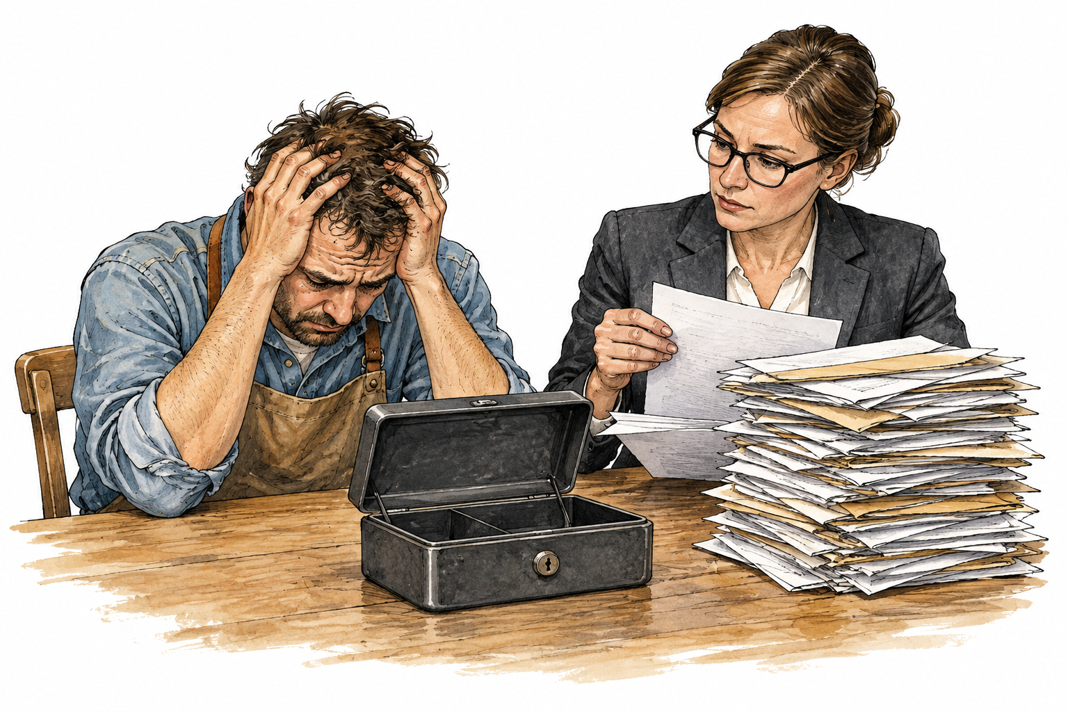 A distressed small business owner sits before an empty cash box and a tall pile of unpaid unlettered bills while a legal professional reviews them, business closure context, no text.