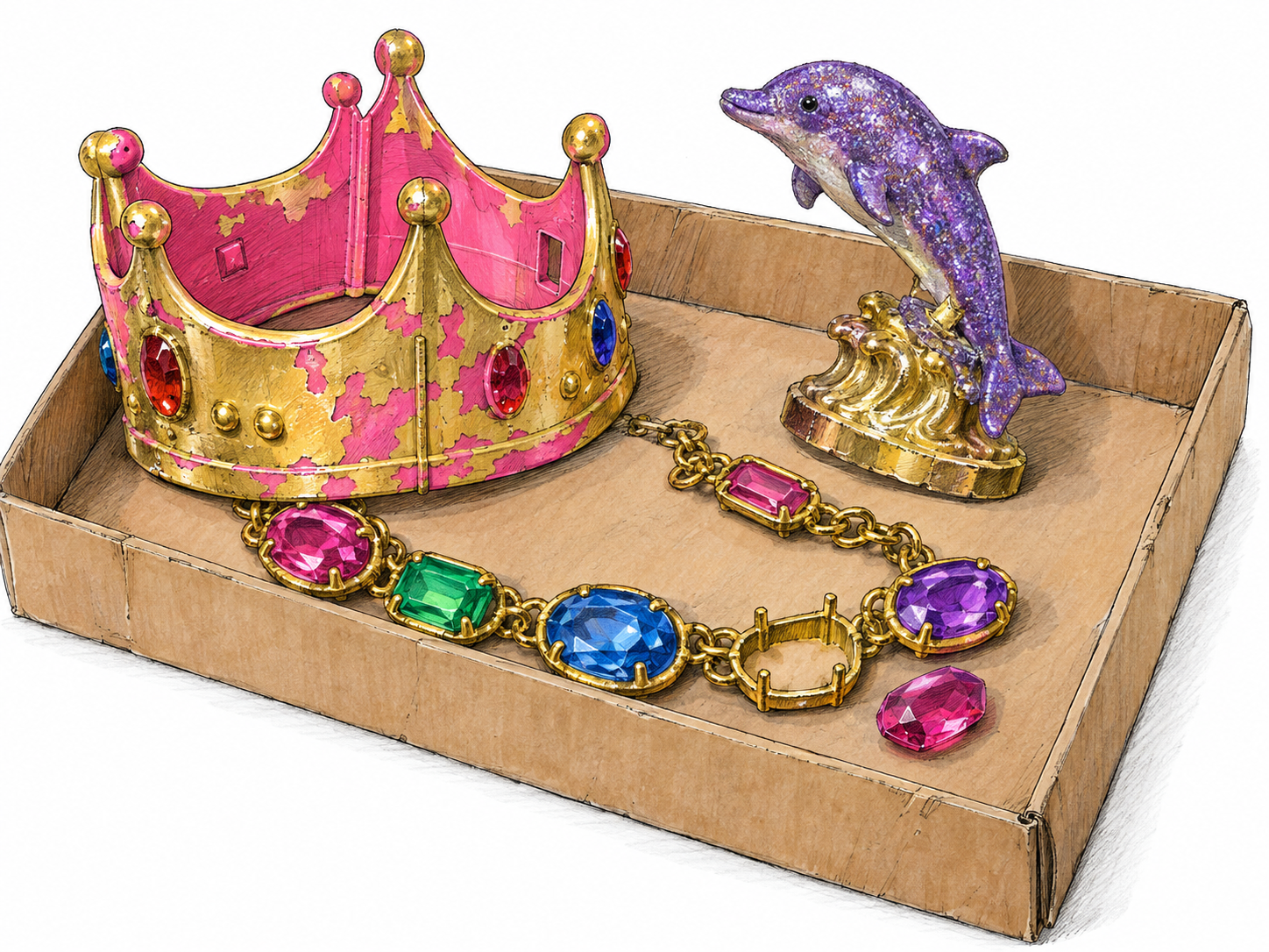 A shallow sale tray crowded with garish, cheaply manufactured trinkets: a hollow plastic gold crown with peeling metallic coating, a crooked glitter-covered souvenir figurine, and oversized costume jewelry with loose imitation gems.