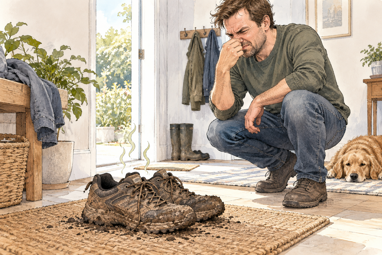 A pair of muddy old shoes makes an adult wrinkle their nose, faint odor lines, light everyday scene.