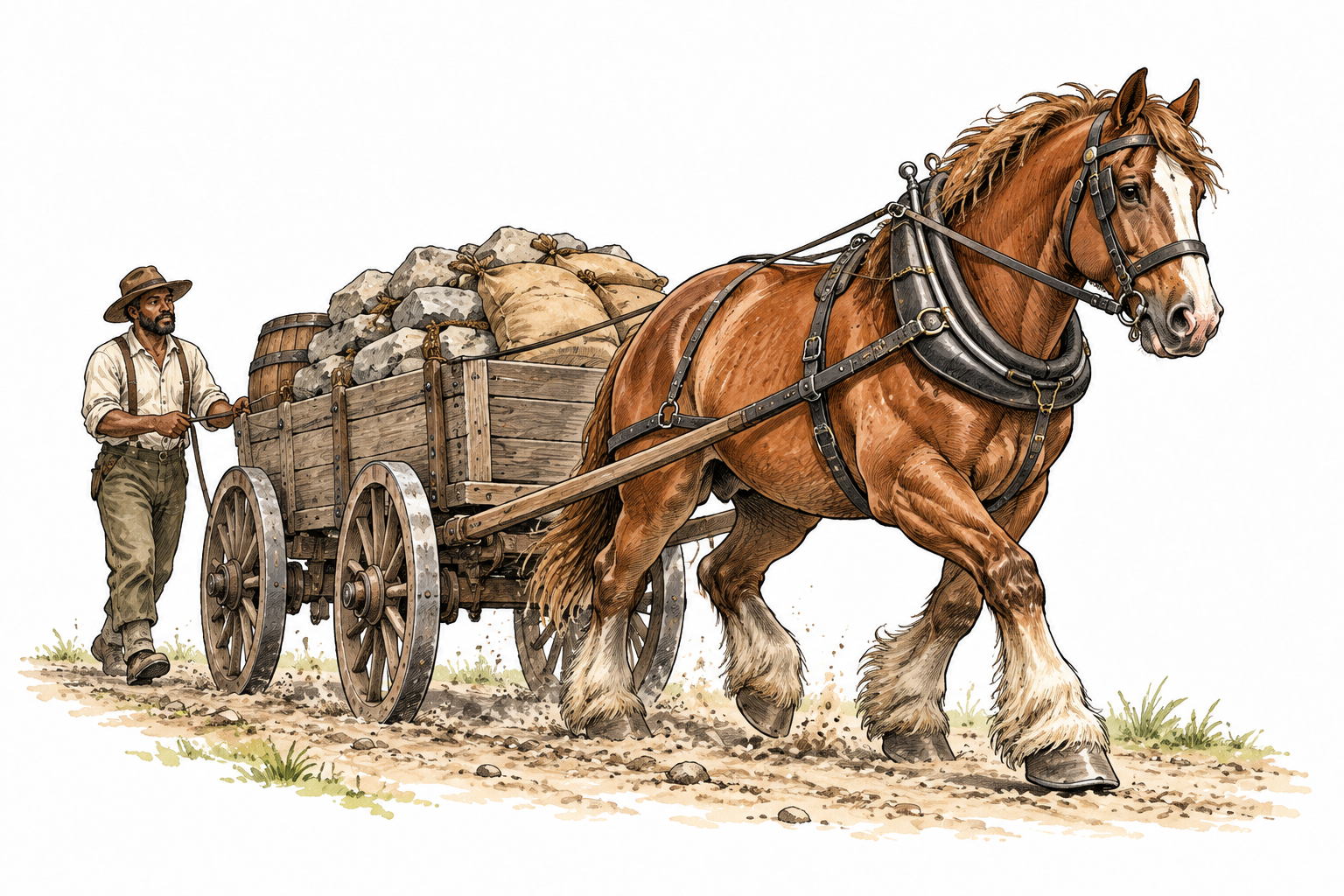 Powerful brown draft horse pulls loaded cart.