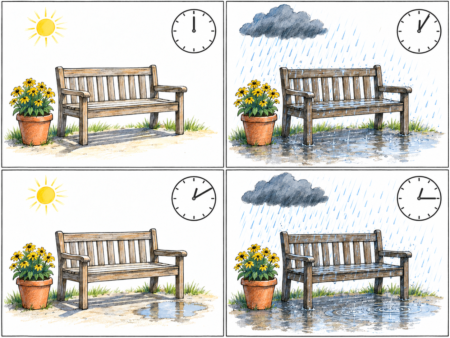 A four-panel sequence shows the weather repeatedly switching between sunshine and rain over the same small garden bench.