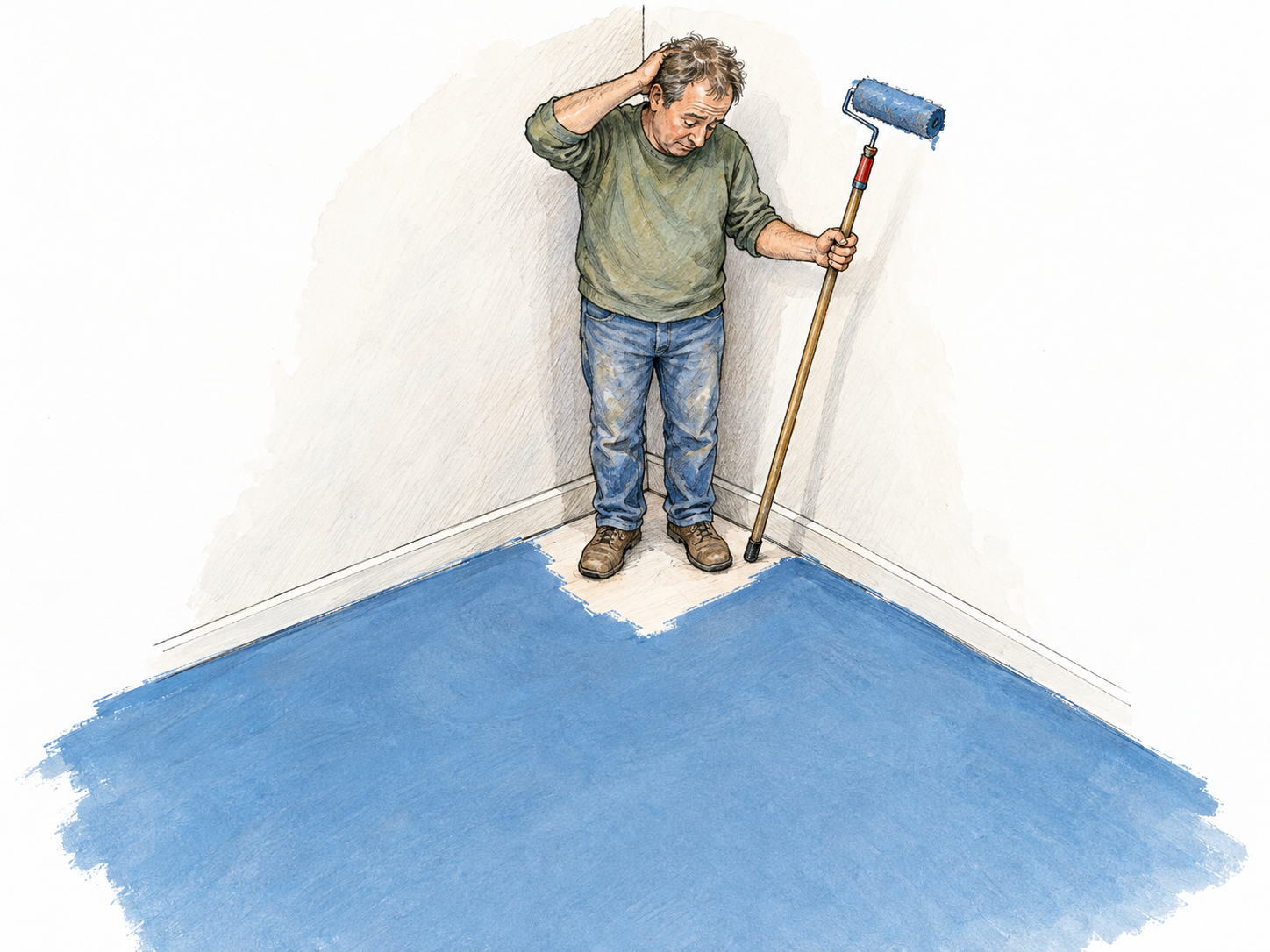 A man has foolishly painted himself into a corner: he stands on a tiny dry patch, holding a paint roller and looking sheepishly at the wet floor blocking his exit.
