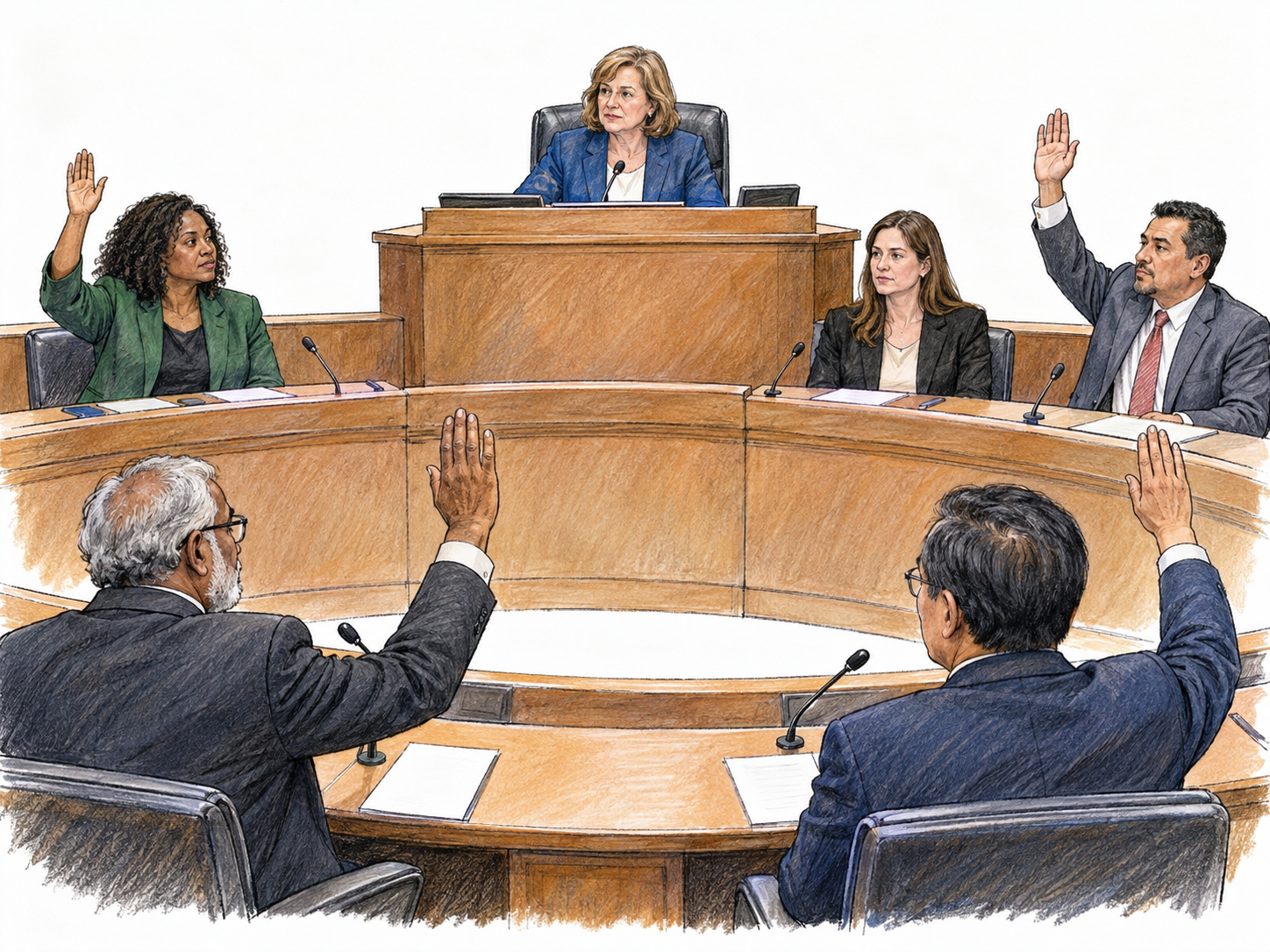 A parliamentary vote: legislators seated at curved rows of desks raise their hands toward a presiding officer, showing the institutional process of making laws.