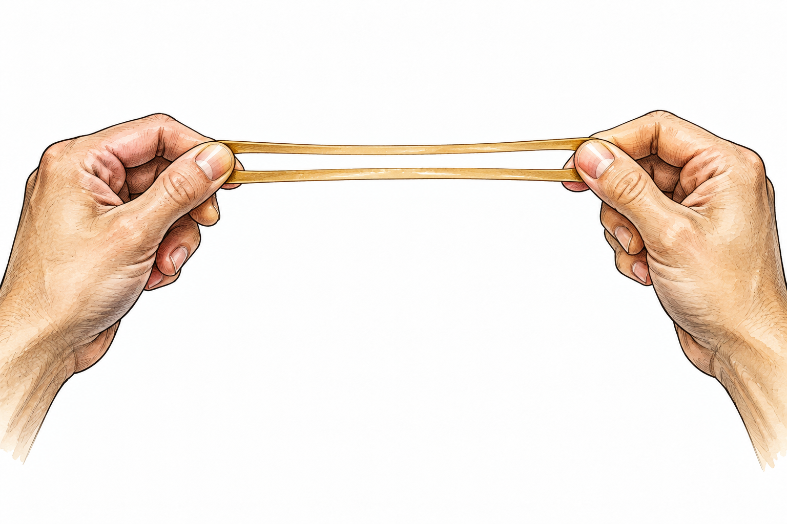 Hands stretch a soft elastic band longer, clear extension without strain injury.
