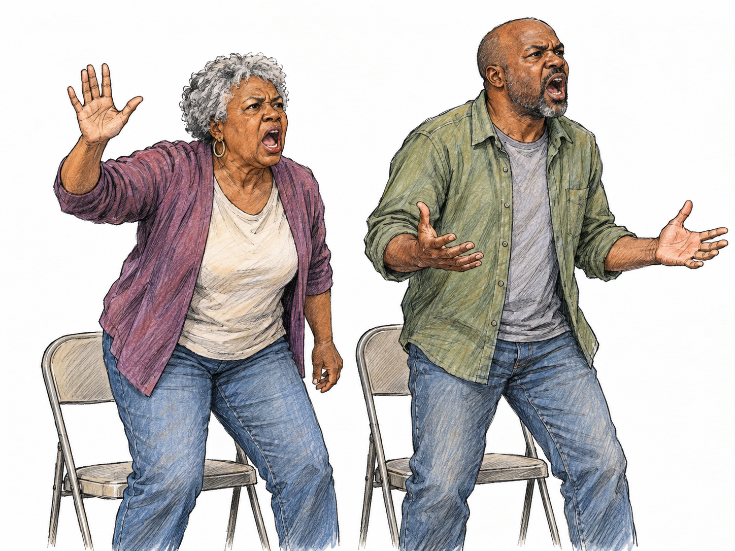 At a public meeting, two attendees erupt in noisy anger, rising beside simple folding chairs and shouting at the same time with emphatic gestures.