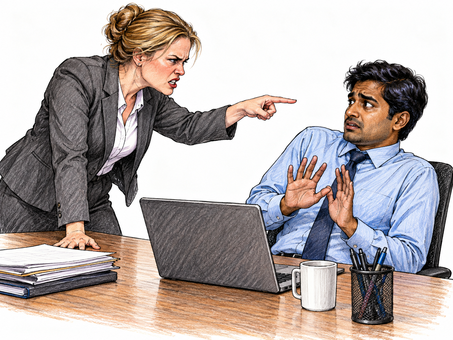 A supervisor leans forward with a harsh angry expression and jabs a pointing finger at an employee who withdraws anxiously; abusive conduct clearly unjust, no speech text or identity-based insults.