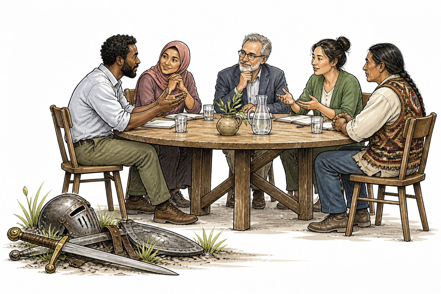 Diverse adult mediators choose discussion around a table instead of the discarded swords lying aside, peaceful dispute resolution.