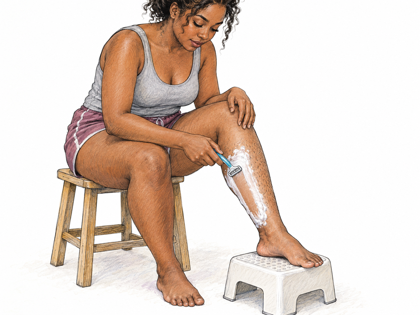 A woman shaves her lower leg with a safety razor, leaving a clean strip through shaving foam and visible short leg hair.