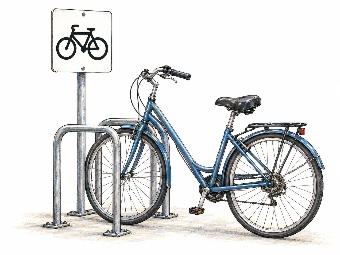 A bicycle pictogram on a small sign above a bicycle rack represents the real bicycle parked directly below it, making the relationship between a symbol and its referent visible.