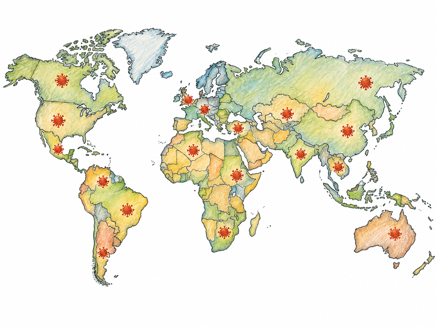 A simple world map with matching disease-outbreak symbols appearing in multiple widely separated countries across several continents, making international spread unmistakable without adding people.