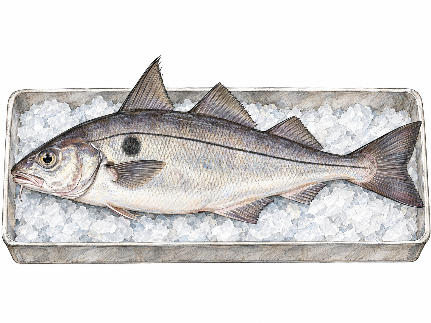 A whole haddock displayed on a small bed of crushed ice, with its distinctive dark shoulder blotch, black lateral line and three dorsal fins clearly visible.
