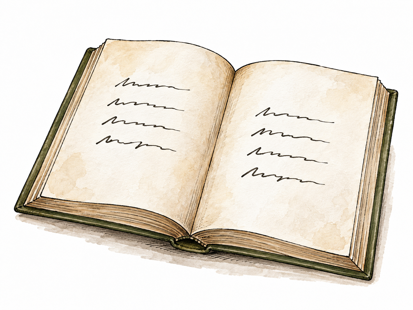 An open poetry book with two clearly separated groups of four short handwritten lines, abstract strokes not readable words.