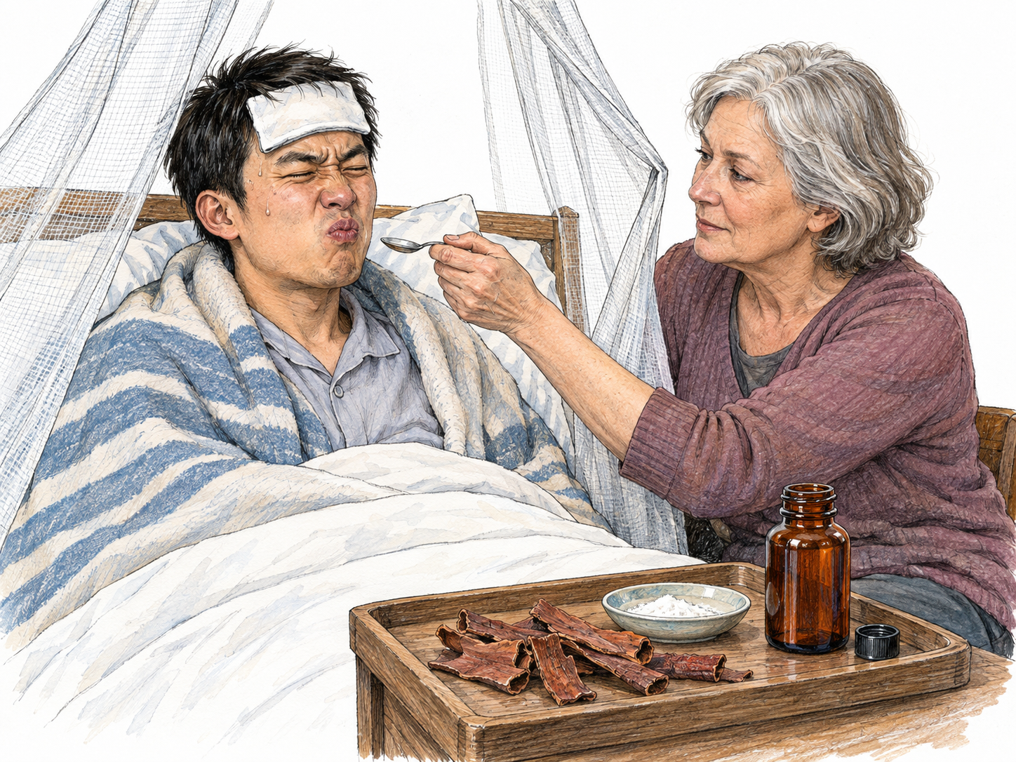 Quinine as a bitter malaria medicine: a feverish patient under mosquito netting recoils from the taste of a medicinal dose, with cinchona bark and prepared medicine prominently beside the bed.
