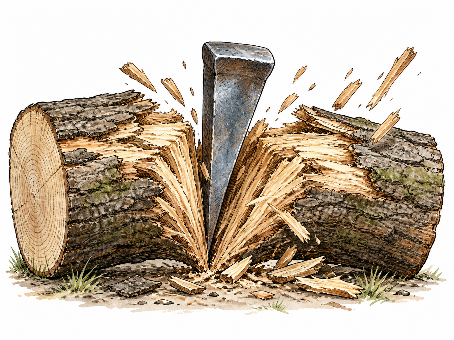 Powerful wedge rends thick timber into two sections with torn fibers.