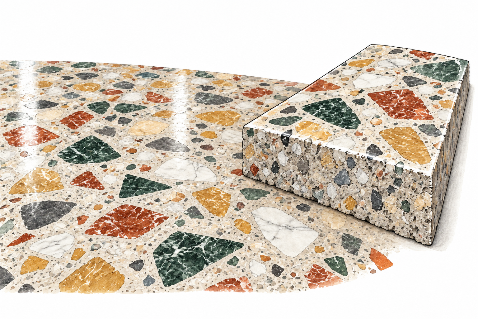 Close-up polished terrazzo floor with irregular colored marble chips embedded in pale cement, one cut sample edge shows composite construction.