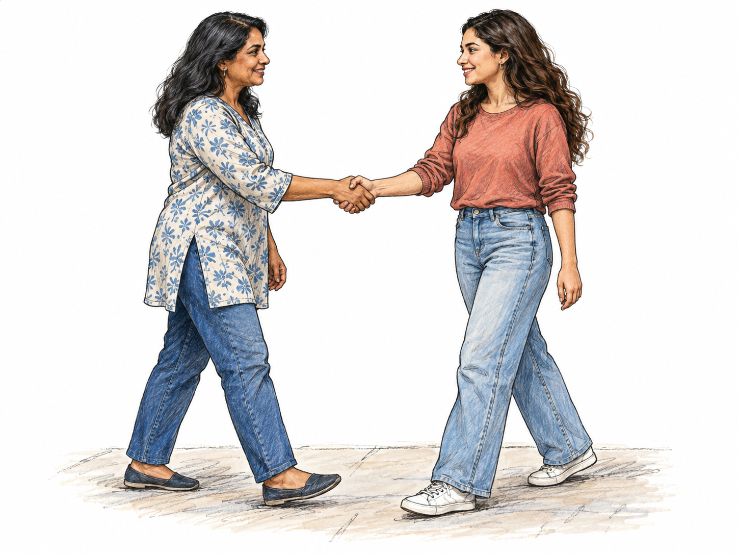 Two pedestrians approaching from opposite directions stop face-to-face and greet one another with a handshake, visibly coming together on a simple path.