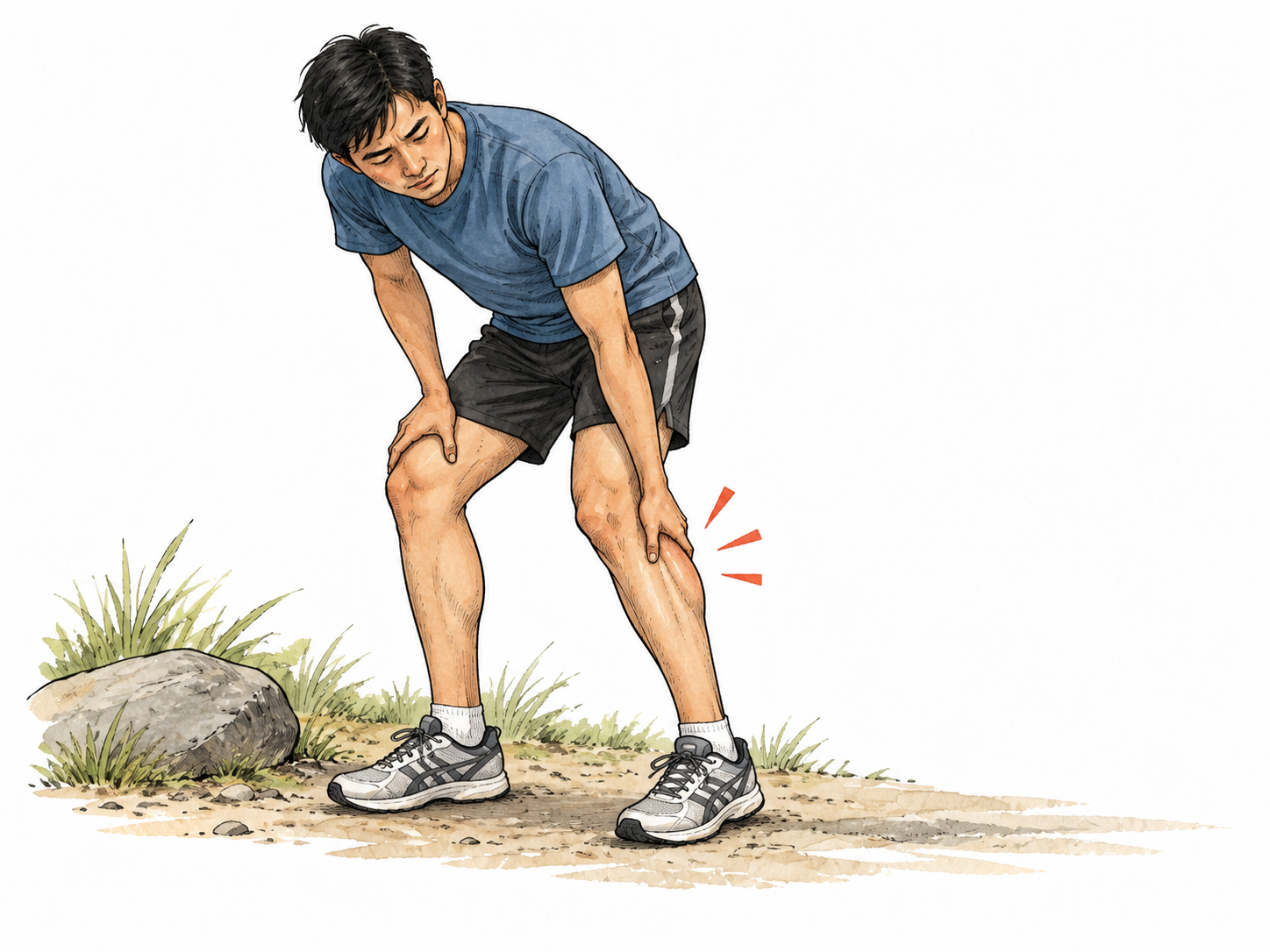 An East Asian runner gently touches a sore calf after exercise, no injury shown.
