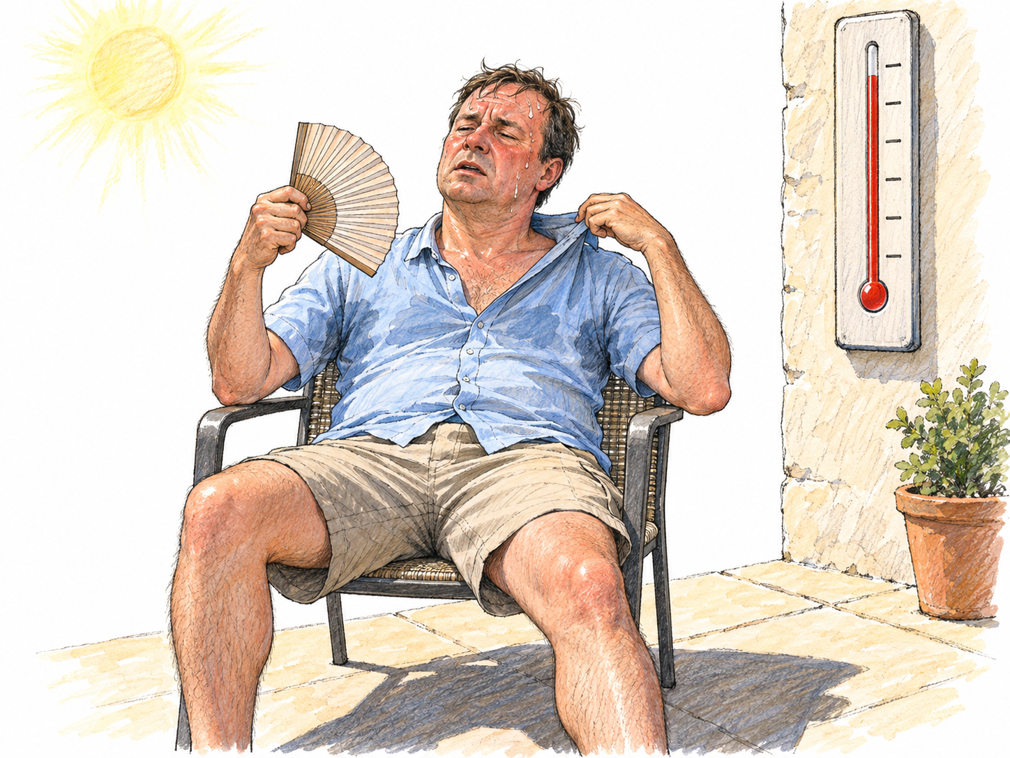 A middle-aged man sits slumped in oppressive summer heat, his face flushed and sweating, pulling his damp shirt collar away from his neck while fanning himself.