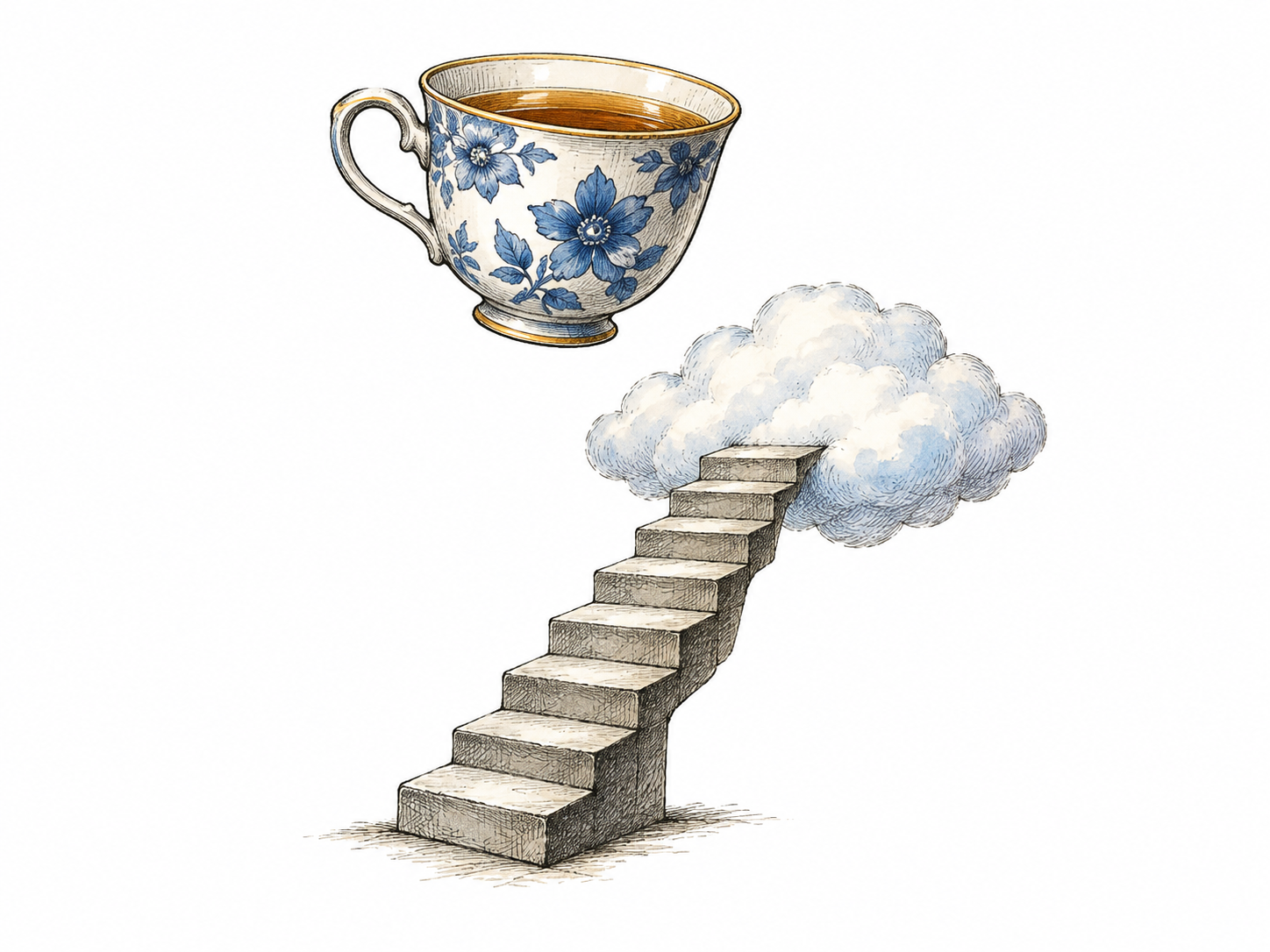 An ordinary teacup floats above a tiny staircase that ends in a cloud, combining familiar objects in an impossible dreamlike relation; editorial ink rendering remains realistic and white-ground.