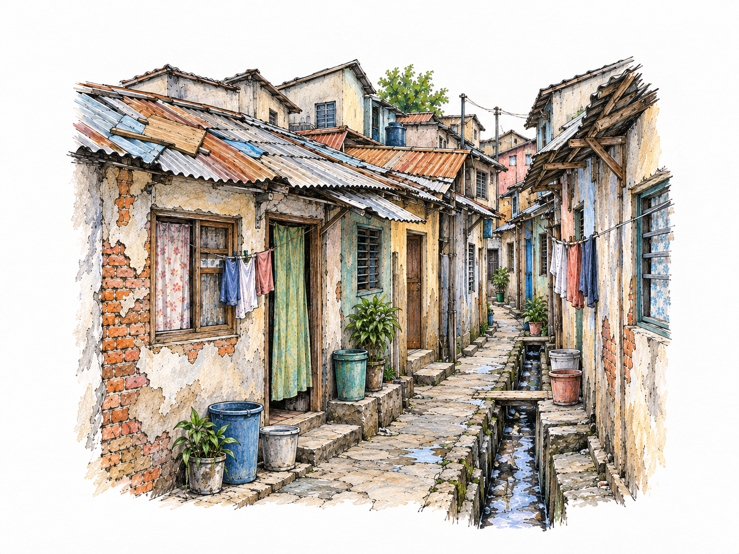 A compact urban block of tightly packed, visibly inhabited homes with failing walls, patched roofs and inadequate drainage.