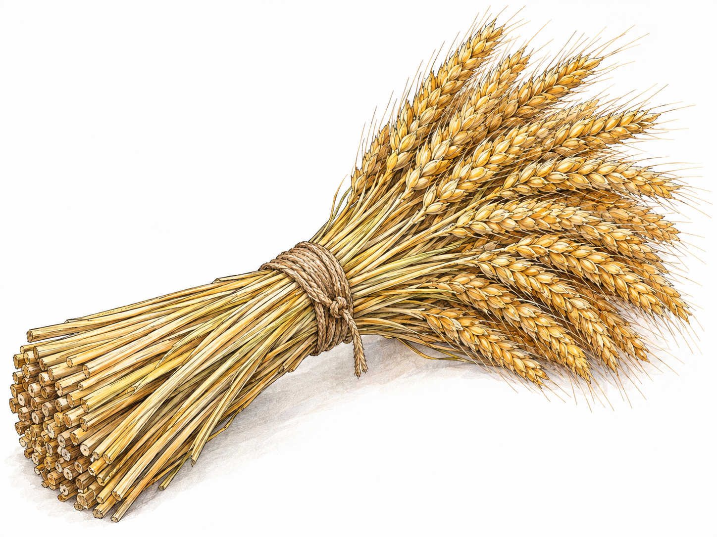 A single harvested bundle of golden wheat, tied tightly around the middle with plain twine, with clustered grain heads and aligned cut stalk ends clearly visible.