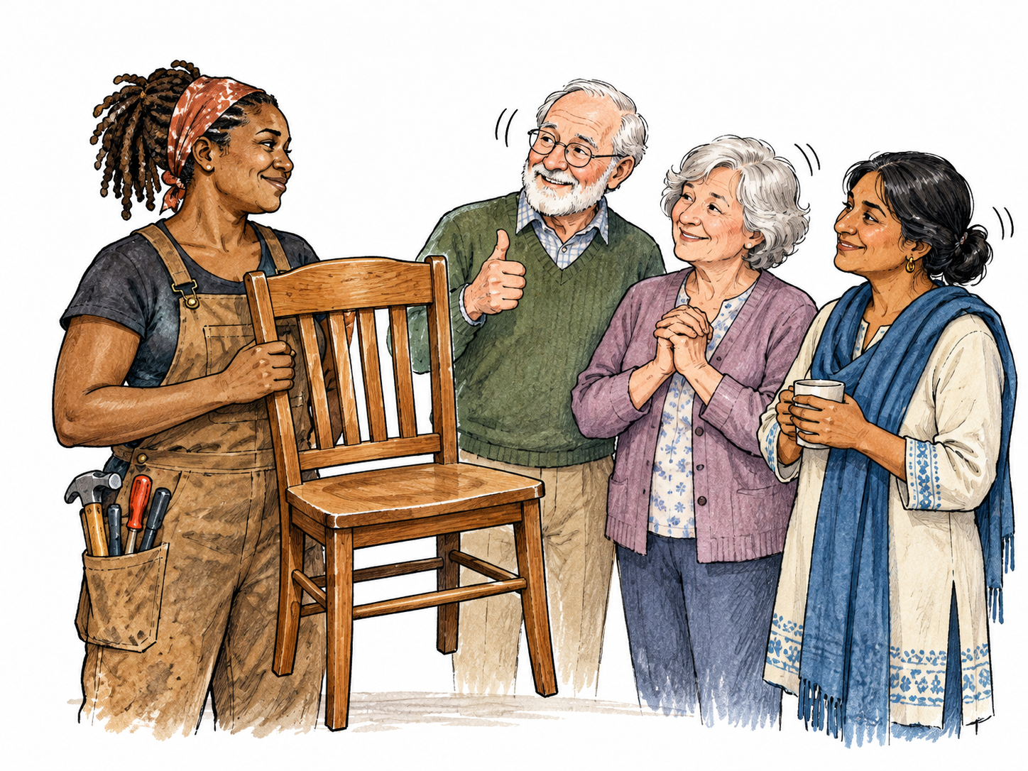 Three neighbors exchange approving nods as they watch a dependable craftswoman deliver a neatly repaired chair, general favorable opinion visible through shared reactions.