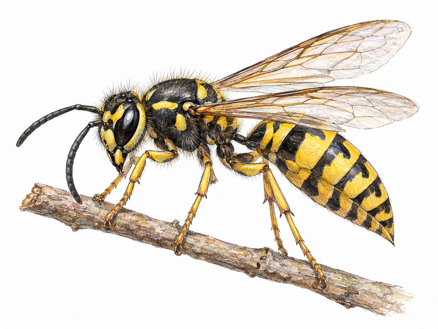 A single yellow-and-black wasp perched on a small twig, shown close enough to distinguish its narrow waist, smooth slender body, six legs, antennae and translucent wings from a bee or fly.