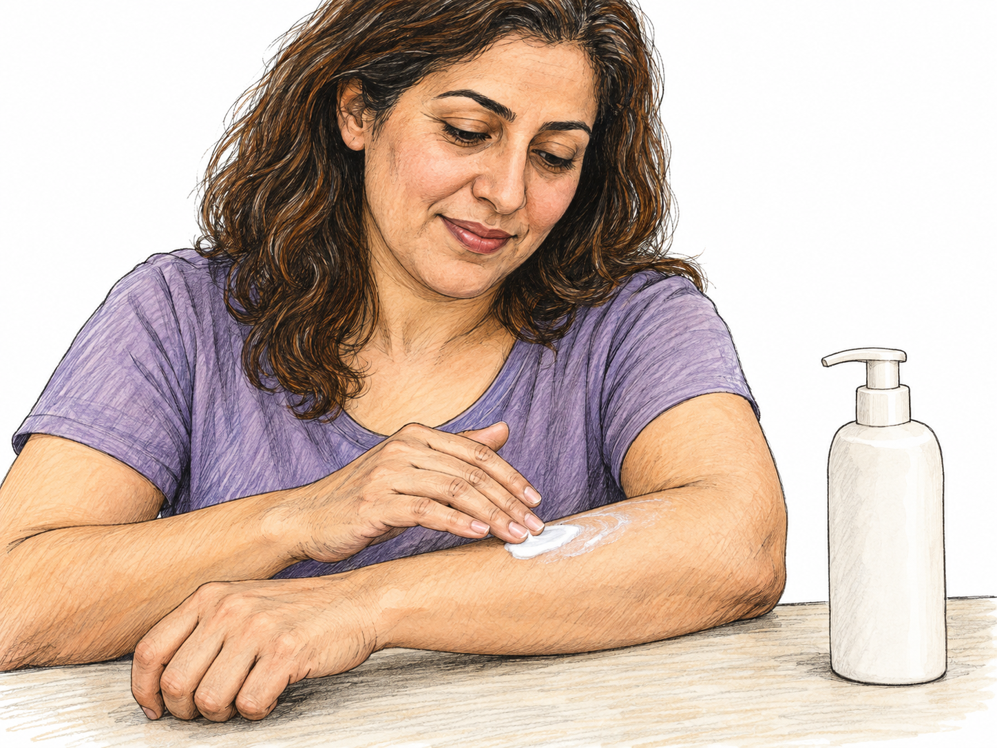 A woman spreads a small dollop of white lotion onto her bare forearm beside an unmarked pump bottle, clearly connecting the skin preparation with its application.