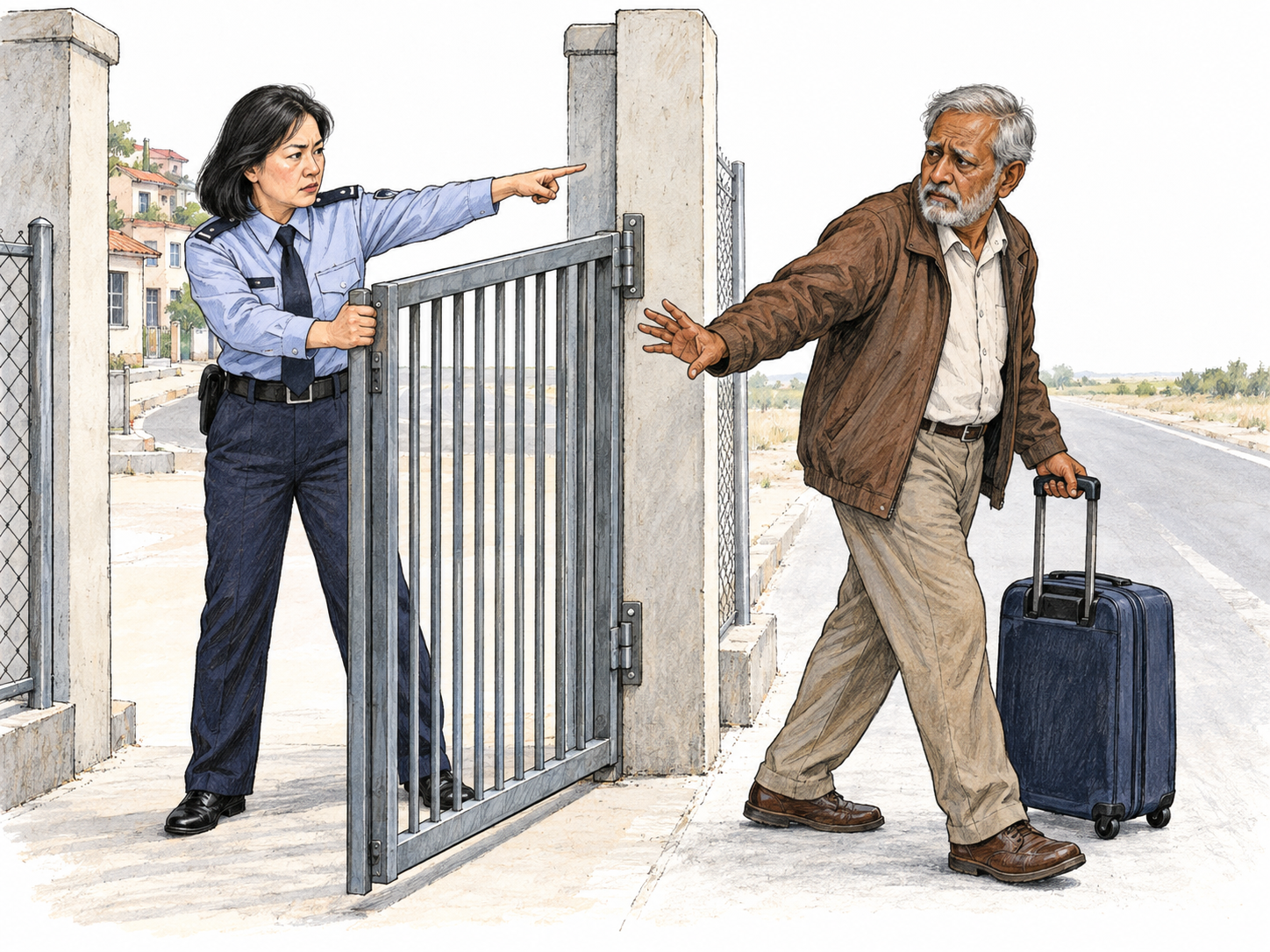 An older traveler is compelled through a guarded border gate, then barred from returning: the officer closes the gate between him and the homeland toward which he reaches, while directing him outward toward his waiting luggage.