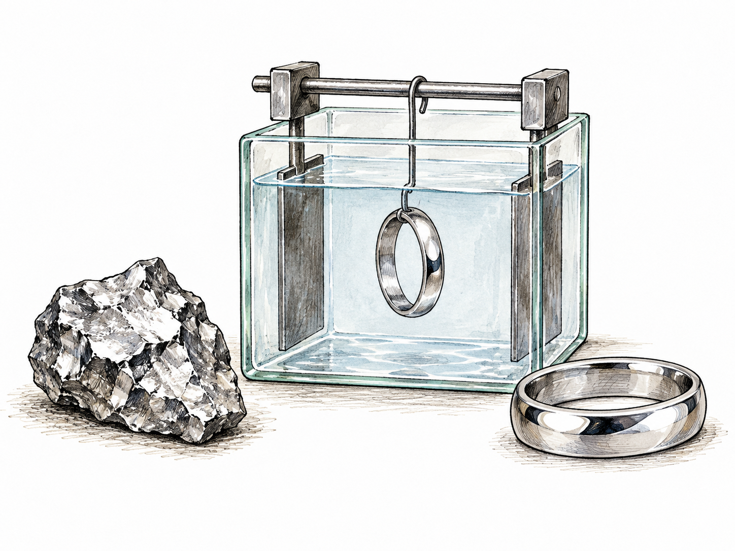 A small silvery rhodium metal sample beside a plain plating bath fixture and bright plated ring, no liquid spilling or chemical labels; clear metallic luster through restrained ink/wash, not photography.