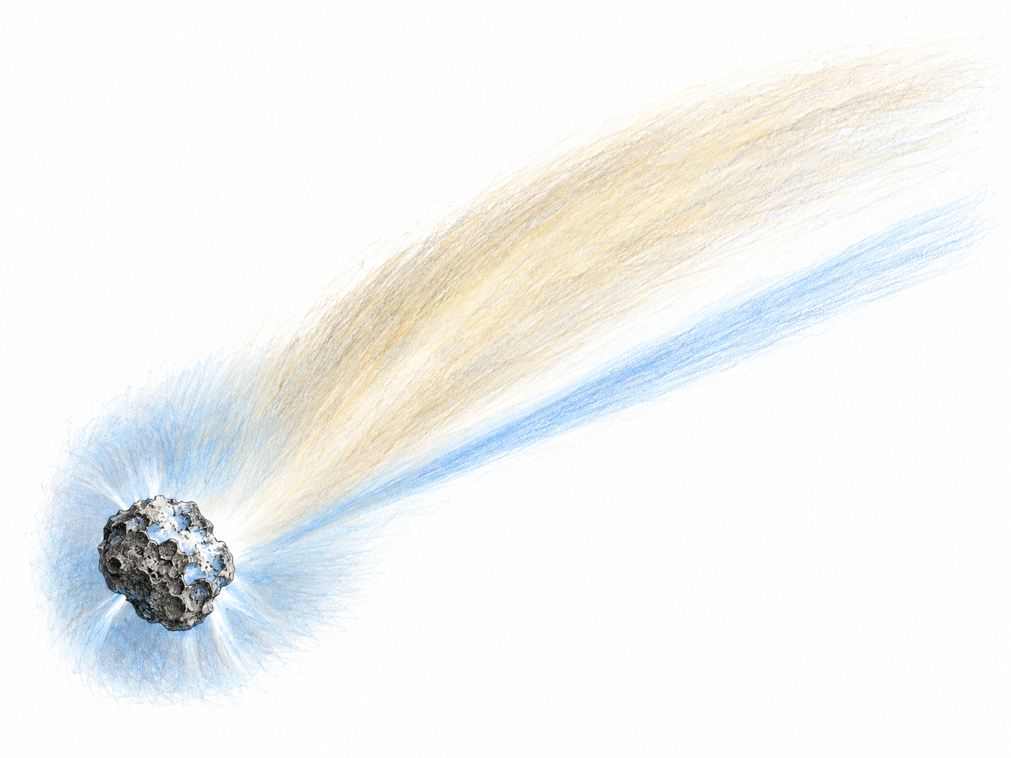 A single irregular icy comet nucleus surrounded by a luminous coma, with a long curved dust tail and a narrower straight blue ion tail streaming in the same general direction.
