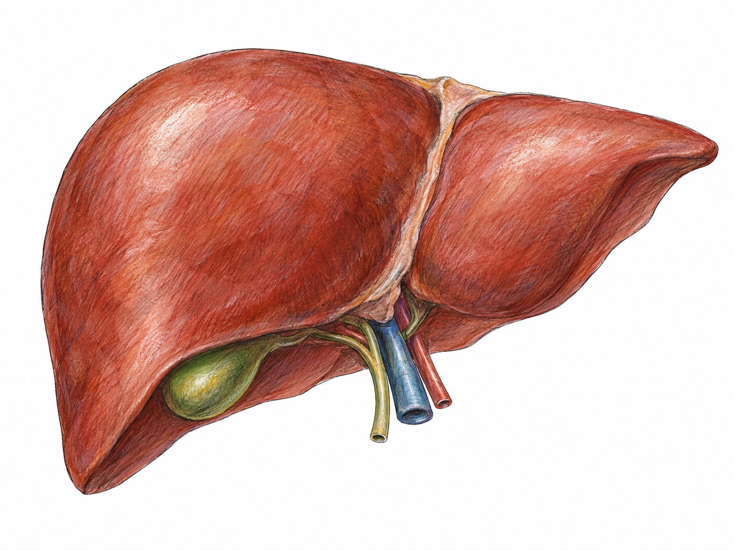 An isolated anatomical liver with its branching blood vessels and attached gallbladder, making the liver-related focus unmistakable without labels or people.