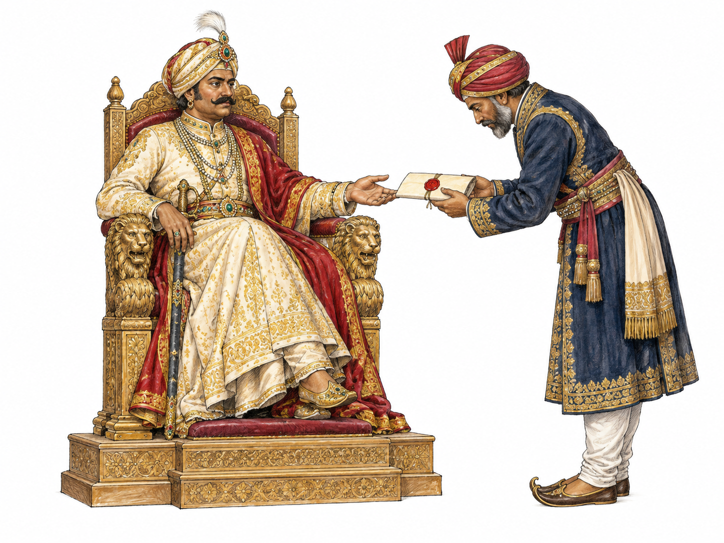 Maharajah seated on elevated carved throne receives deferential court official bearing sealed document, visibly high rank; neutral white surround, no palace panorama or title text.
