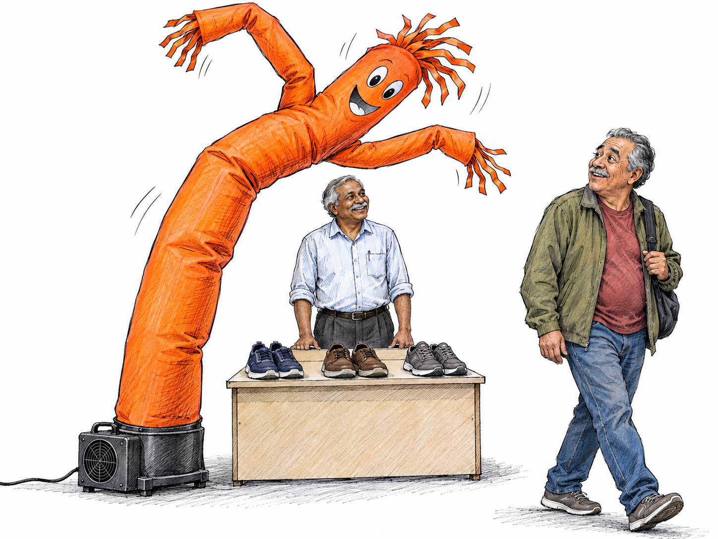 A wildly bending inflatable tube figure beside a modest shoe-sales display catches a passing shopper’s attention, making the attention-getting device—not the merchandise—the focus.