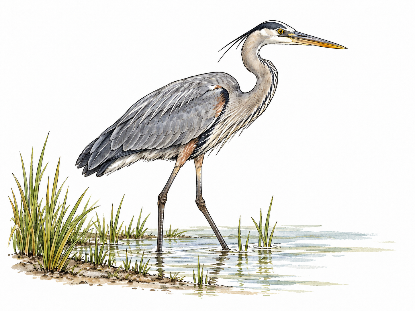 A gray heron in three-quarter side view at shallow marsh edge, long legs, long neck and pointed bill, natural bird anatomy.