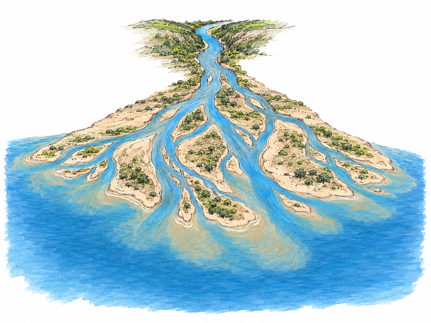 An elevated oblique view of a river splitting into distributary channels across a broad triangular wedge of sediment that projects into a larger body of water.