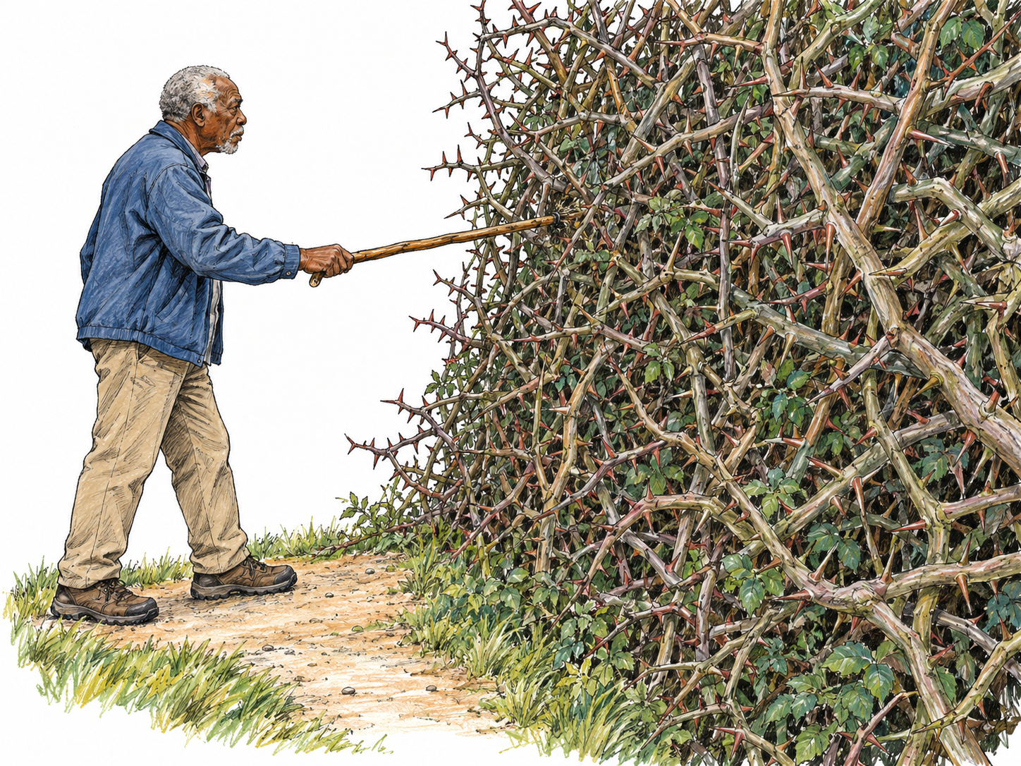 A walker is stopped where a narrow path ends against a dense, interwoven wall of thorny branches, with no gap large enough to enter.