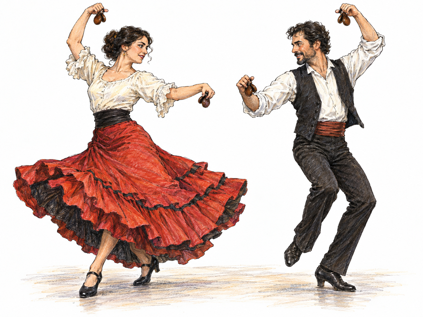 A Spanish dance couple performing a lively fandango face-to-face, both playing castanets, with raised arms and energetic footwork.