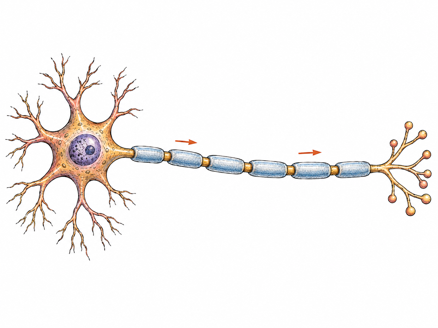 An isolated, enlarged neuron with its cell body and short branching dendrites at left, one long myelinated axon extending right, and terminal branches at the far end.
