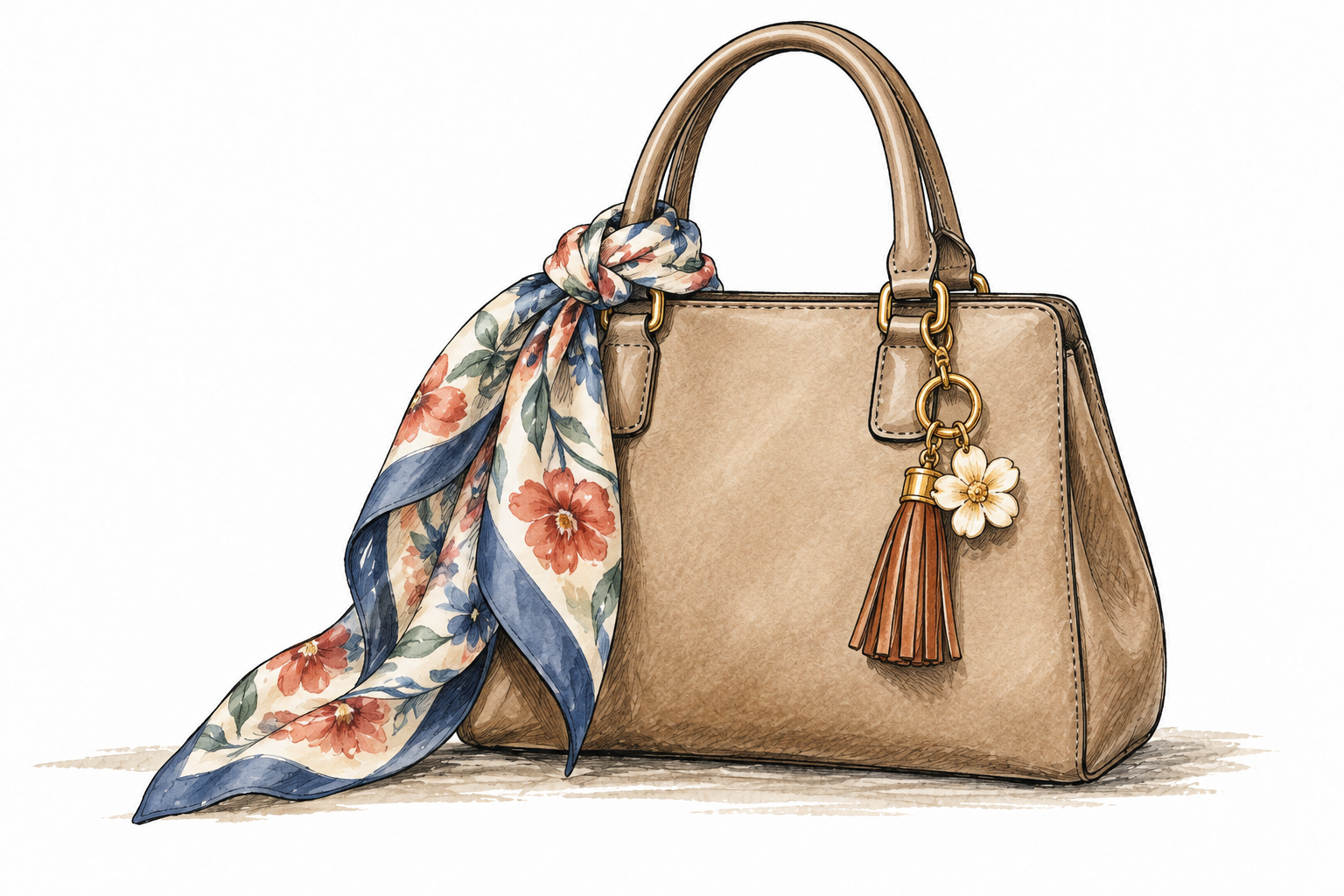 A plain handbag with a detachable scarf and small keychain as useful decorative accessories, object only.