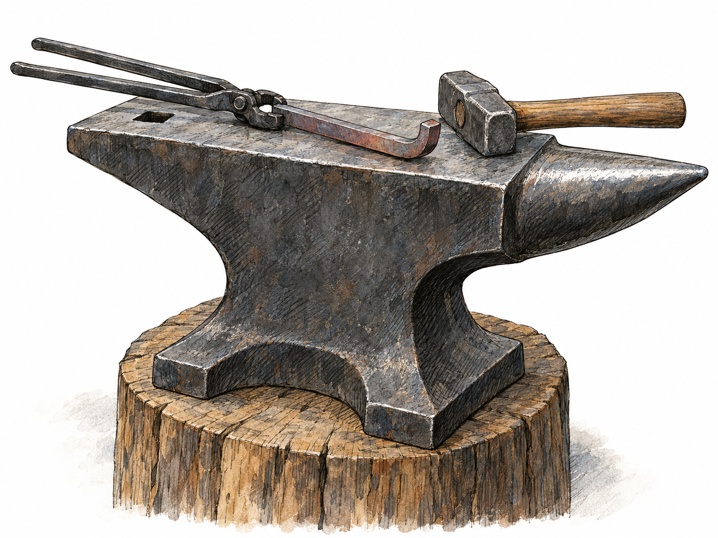 A large iron anvil on a sturdy wooden stump, with a partly curved metal bar held by forging tongs across its flat working face and a forging hammer resting alongside.