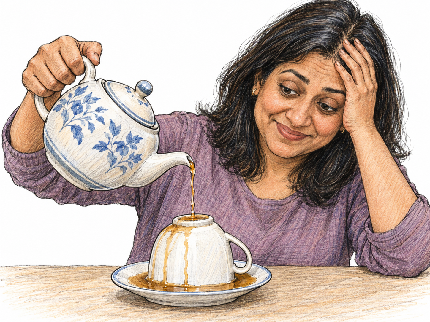 A woman realizes she has absentmindedly poured tea into an upside-down cup: tea pools around the inverted cup on its saucer, and she reacts with an embarrassed, amused facepalm.