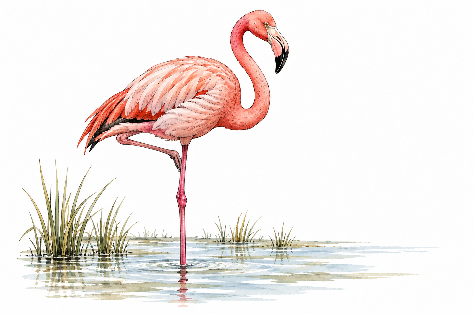 A natural pink flamingo stands on one long leg in shallow water, curved bill and feather anatomy accurate, no words.